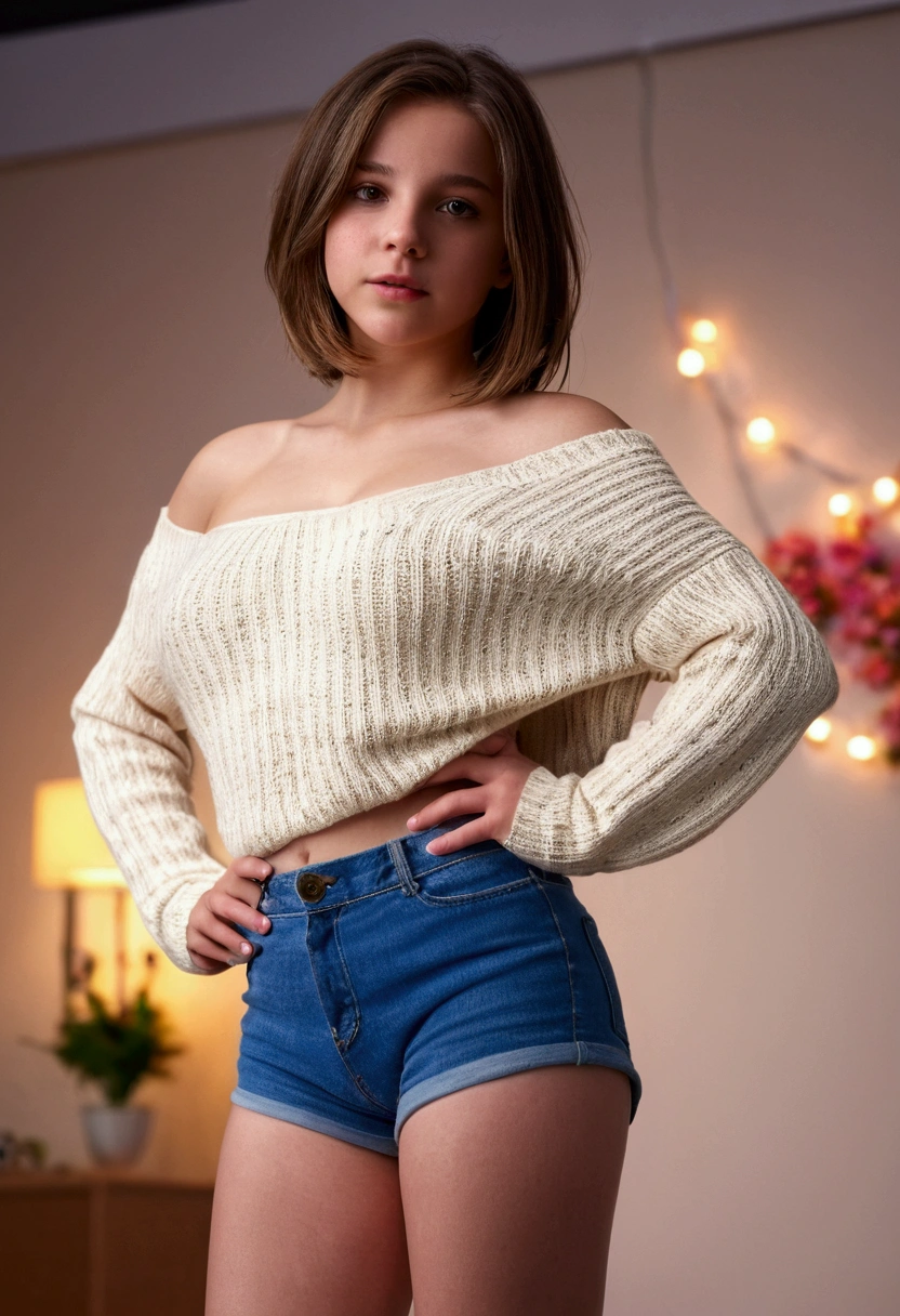 masterpiece, best quality, beautiful tween girl, solo, large breasts, ribbed off-shoulder sweater, short shorts, bare shoulders, underboob, brunette skin, disheveled hair, bloom, professional shot, bokeh, from below, studio quality, 4k