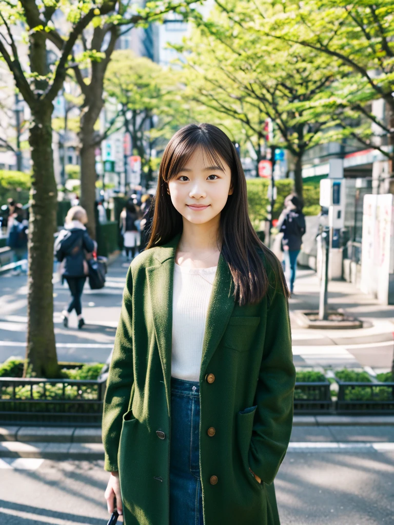 Photoreal, 8K full-length portrait, Beautiful woman, attractive look, Clear system, 14 years old, Tokyo, In 2024, spring, Shibuya in the background