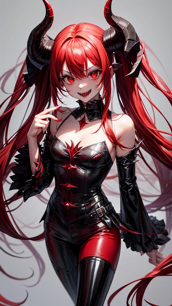 Demon, red, sharp teeth, male, black-red horns.