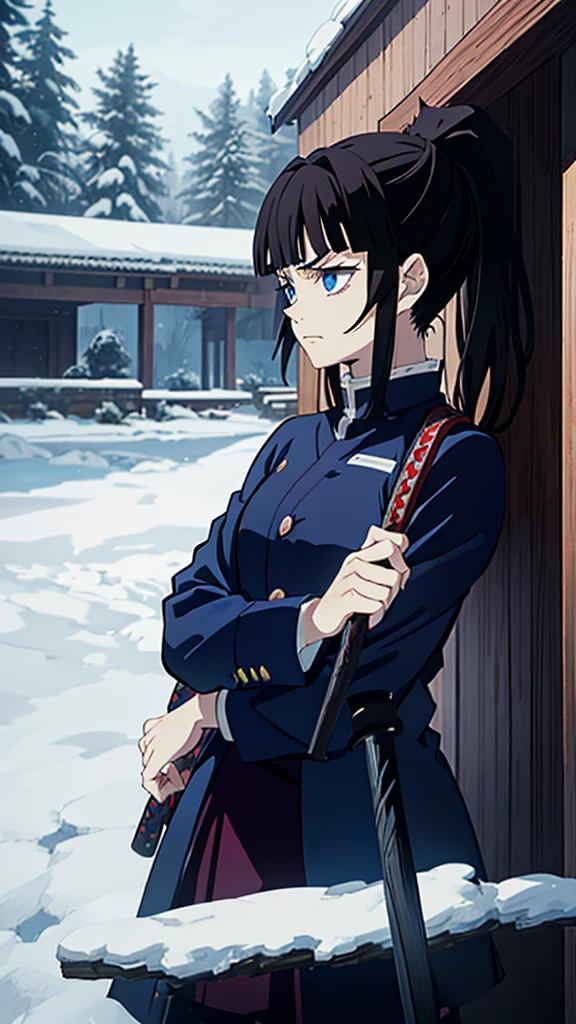 Kimetsu no Yaiba style, 1 mature, girl, blue eyes, a hashira, pretty, long dark brown hair in ponytail, curtain bangs, annoyed expression, noble, Pillar Demon Slayer, holding a sword, wearing demon slayer uniform, holding a blue demon slayer sword, dark and snowy background