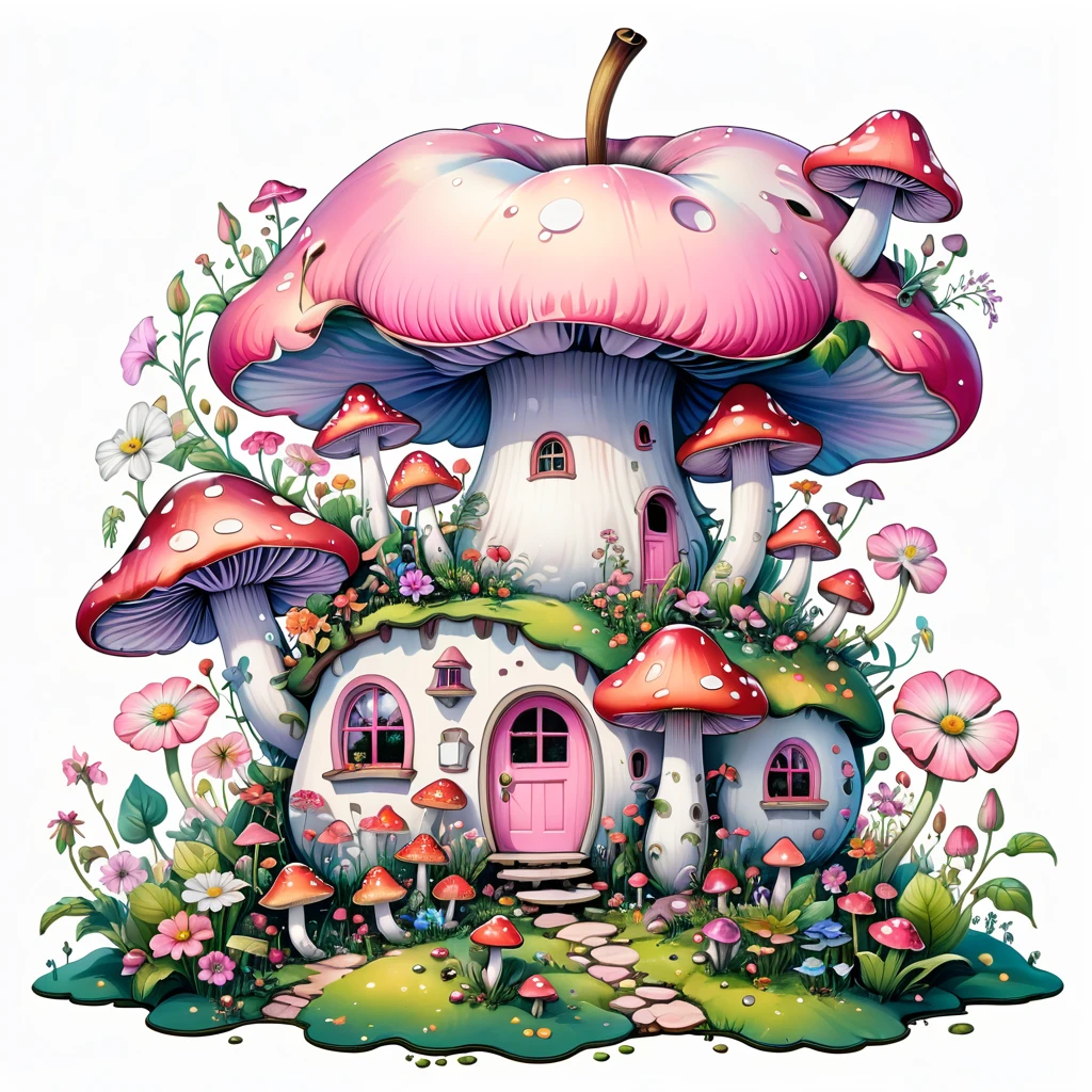 (masterpiece, best quality:1.2), Psychedelic Art,Creative illustration,Apple House,Flowers,Mushrooms,Stitch together interesting pictures,Pale pink theme,White background