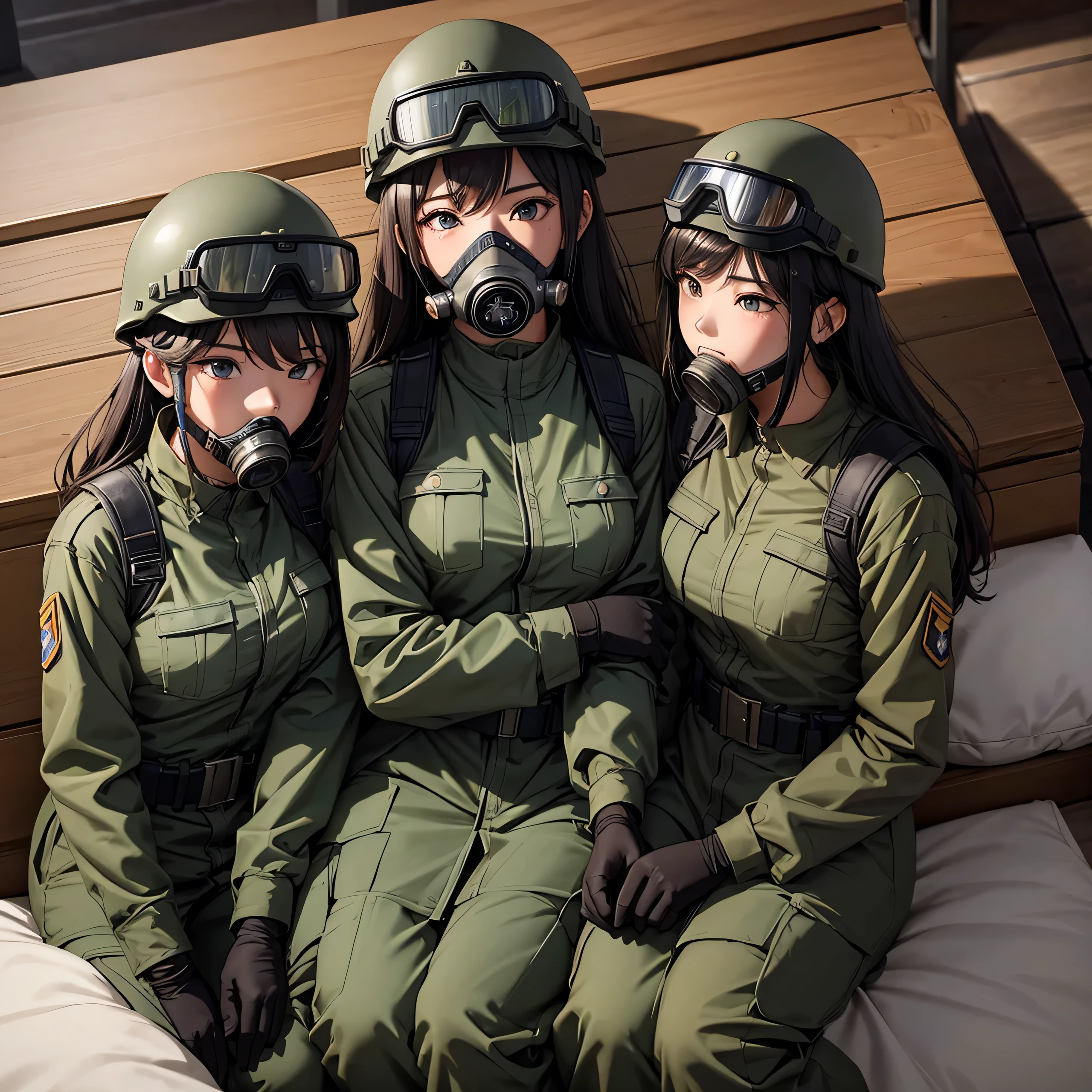 Top view、Three female soldiers sleeping、Wearing M-51 military uniform、Wear a steel helmet、Goggles、Gas Mask、Write details、masterpiece、best quality、Highly detailed CG、8K picture quality