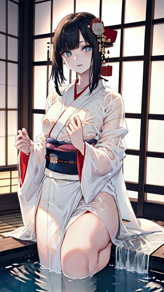 ((Waterfall basin on a moonlit night)),((池の真ん中に立つbeautiful女性)),((beautiful half-naked woman in a beautiful waterfall basin)), ((Sharp and captivating eyes))、((Sexy))、(((See-through kimono:1.3)))、((Kimono made of thin cloth wet with water:1)), Pale skin、(((One Girl:1))), ((Pale skin))、憂鬱なbeautiful顔、beautiful expression、Sexy顔、Swollen nipples, (((Lower Breast)))、(((beautiful breasts ))), beautiful 、Knee-high boots、Super detailed face、Delicate eyes、(double eyelid)、 (((1. Japanese women)))、 Beauty, 20-year-old,((See-through kimono)), (Show off by wearing Japanese revealing clothes),