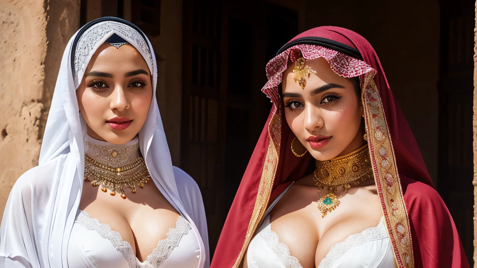 Instagram Arabian models pose in Fes, in traditional clothes, full entire body, beautiful detailed eyes, beautifully detailed lips, big breasts with bra and hijab, extremely detailed eyes and face, short, nice rosa Haar ((best qulaity)), ((masterpiece)), (detailled), perfect face, full entire body, ahegao