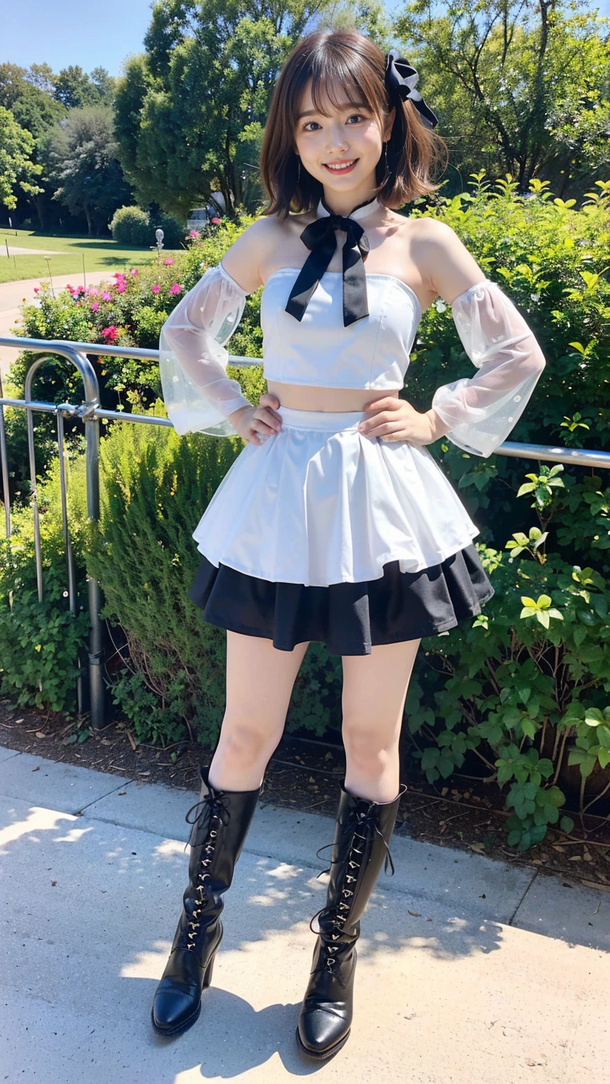 (8K、RAW Photos、Highest quality、masterpiece:1.2)、(Highest quality、Realistic)、1 Girl、((Tube top、mini skirt、Idol Costume、ribbon、Medium Hair、See-through、smile、Silver and Black、Thin legs、whole body、boots、garden、View from the front、Looking into the camera、Stand with hands on hips))、cute