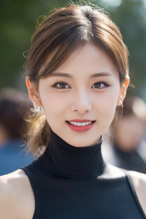 Highest quality, masterpiece, Ultra-high resolution, (Realistic:1.4), RAW Photos, 1 Girl,
UHD Coral Eyes,Photon Mapping、
Light Gradient Hair,
Medium Hair ,
Slicked back hair,
Striped Hair ,
Pulled her hair back,
Sideburns ,
Jumpsuit Crop Top Turtleneck Laugh,
Blushing your nose ,Sharp Face Focus、
((Realistic Light, Highest quality, 8K, masterpiece :1.3)), Frank, One girl, Beautiful woman with perfect figure :1.4, Belly button、Street Dance、
