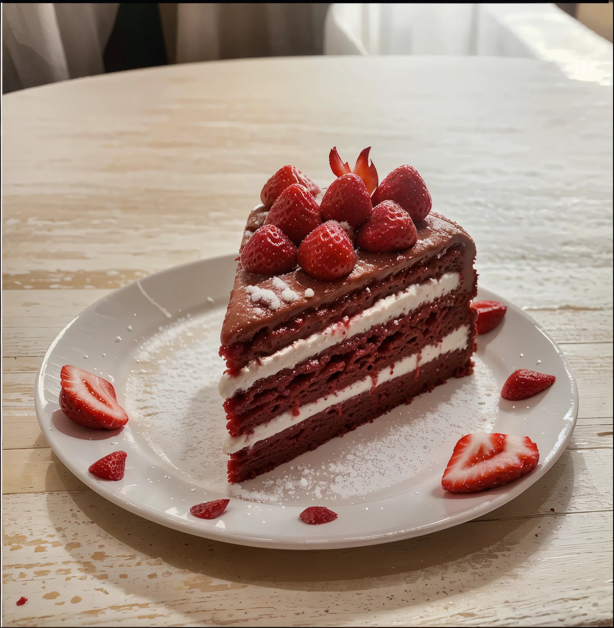 A slice of red velvet cake with strawberries and powdered sugar. Served on a white plate, with clean limbo background, dramatic light, mood & tone tempting, delicious food phot. graphy ((masterpiece)) (sharp & detail texture food photography