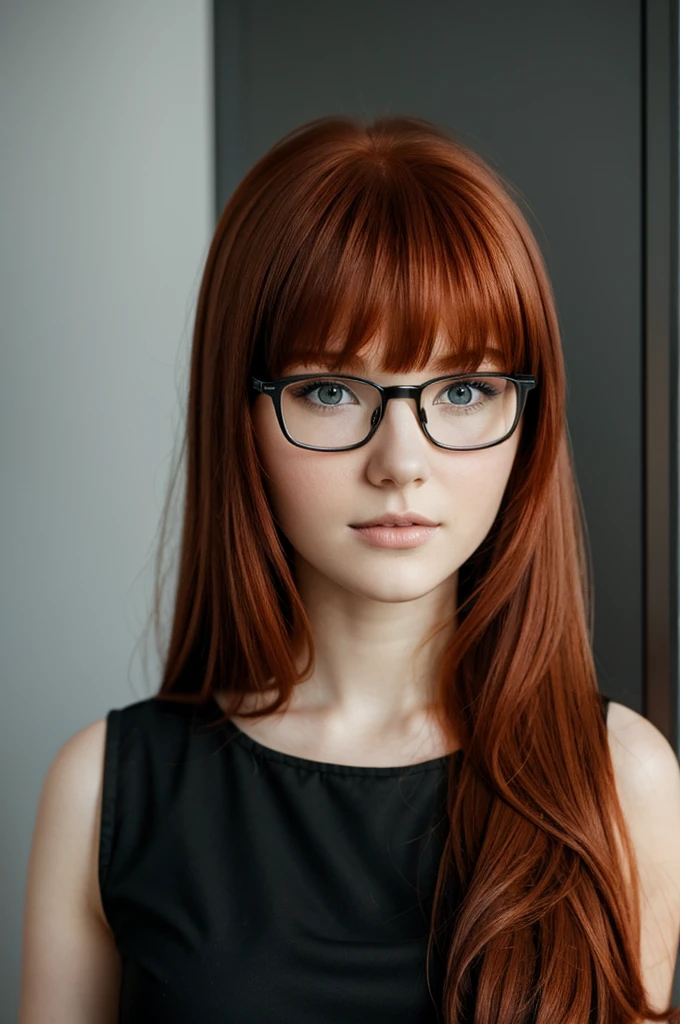 Redhead girl with bangs and black square glasses innocent and beautiful