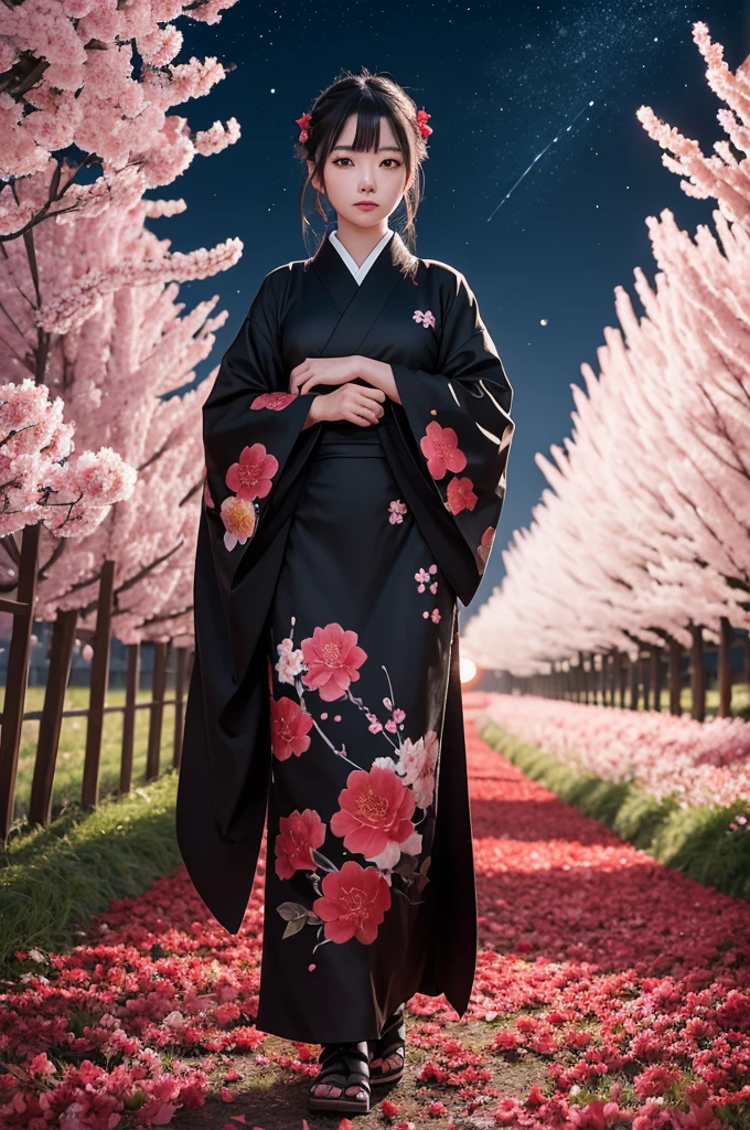 A girl, japanese,  wearing a black kimono with sakura flower details, while walking through a field of red roses, on a full moon night with a clear sky full of stars 