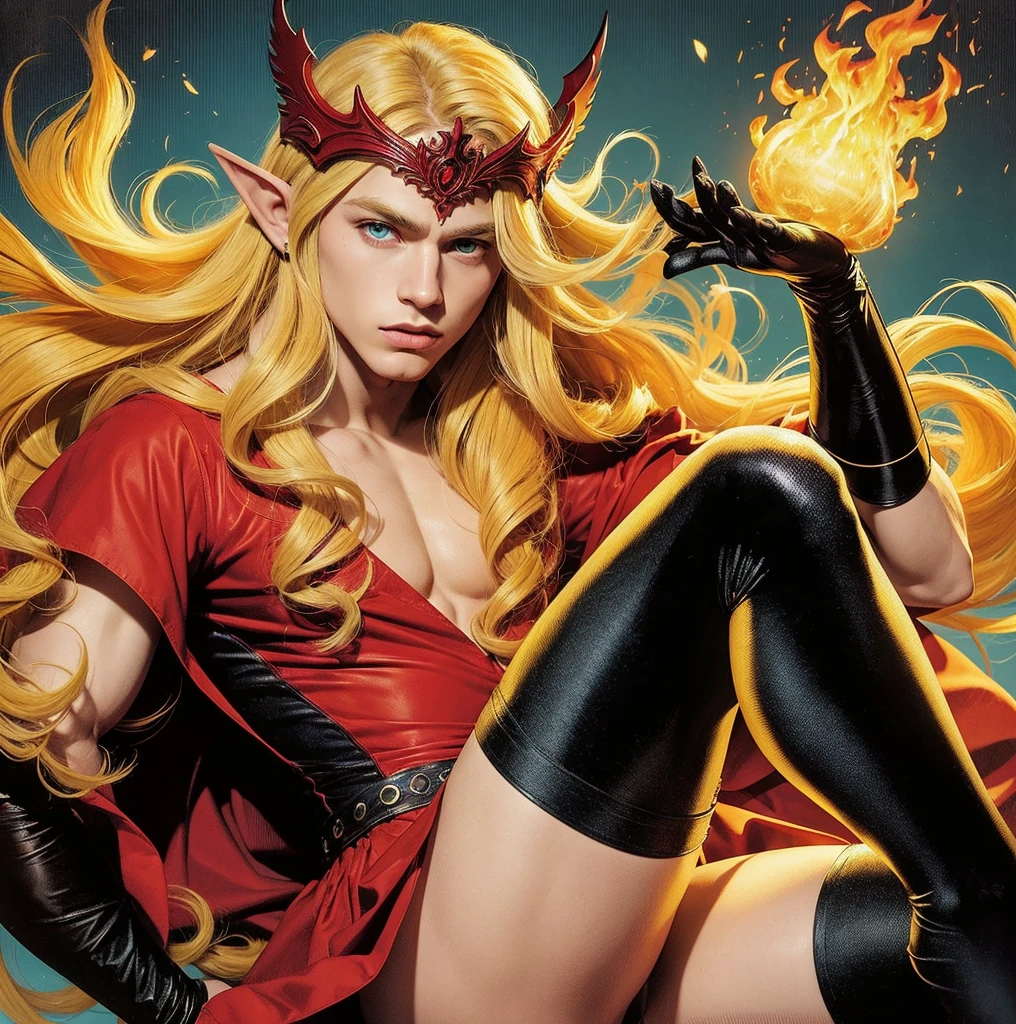 American classic comic book art: handsome ethereal young man delicate, long yellow blonde hair with waves, elf ears, red outfit dress demon, black gloves, sorcerer red tiara on forehead, beautiful thighs, blue eyes, very young face boy, red mini skirt, emanating fire, black nails, black stockings, ethereal male body, medieval, ethereal mystic boy, classic comic book