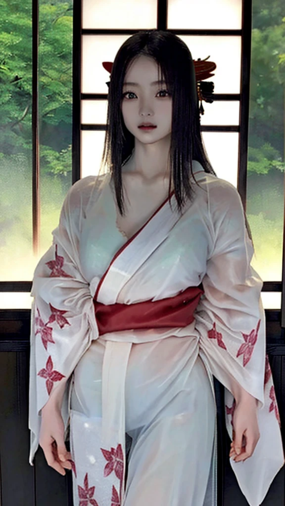 ((Waterfall basin on a moonlit night)),((池の真ん中に立つbeautiful女性)),((beautiful half-naked woman in a beautiful waterfall basin)), ((Sharp and captivating eyes))、((Sexy))、(((See-through kimono:1.3)))、((Kimono made of thin cloth wet with water:1)), Pale skin、(((One Girl:1))), ((Pale skin))、憂鬱なbeautiful顔、beautiful expression、Sexy顔、Swollen nipples, (((Lower Breast)))、(((beautiful breasts ))), beautiful 、Knee-high boots、Super detailed face、Delicate eyes、(double eyelid)、 (((1. Japanese women)))、 Beauty, 20-year-old,((See-through kimono)), (Show off by wearing Japanese revealing clothes),