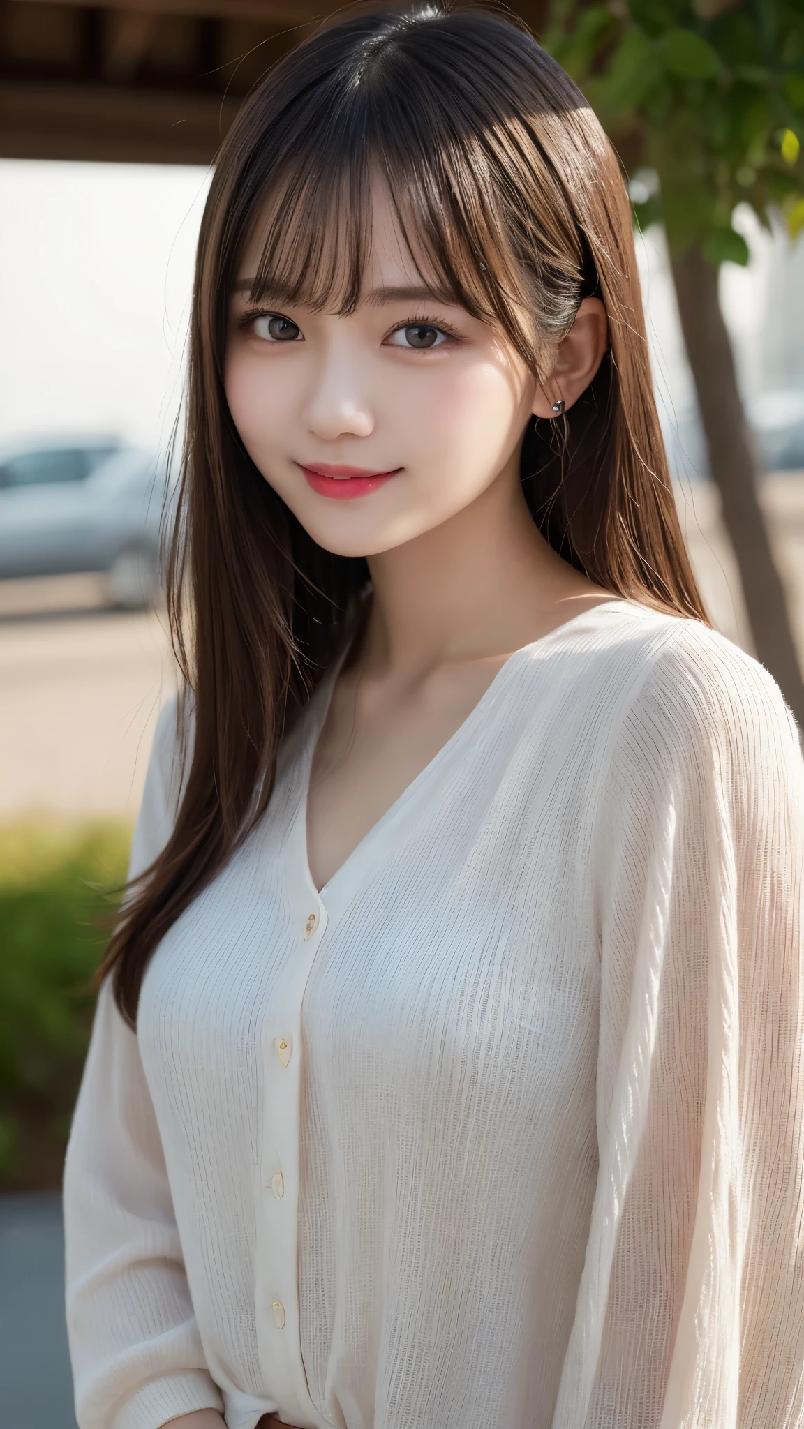 masterpiece, best quality, illustration, ultra-detailed, finely detailed, high resolution, 8K wallpaper, perfect dynamic composition, beautiful detailed eyes, summer blouse setup clothes, medium hair, small breasts, natural color lips, bold sexy poses, smile, Harajuku, 18 years old girl, cute, sexy shot, looking at camera