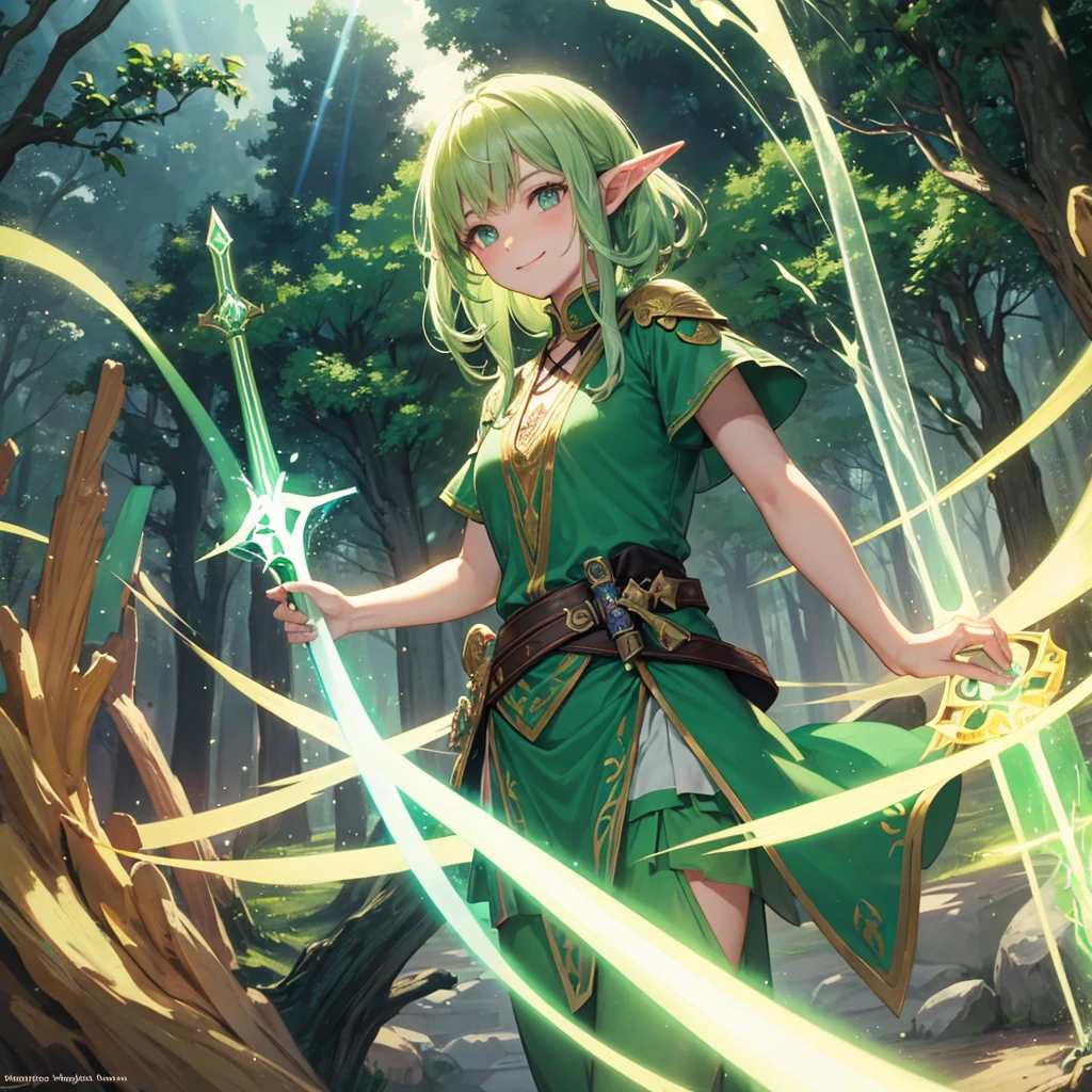 Elven Swordsman(Green semi-long),Holding a magic sword(,Lightsabre)tropical(Tavern Rainbow light swirling magic circle)、smile