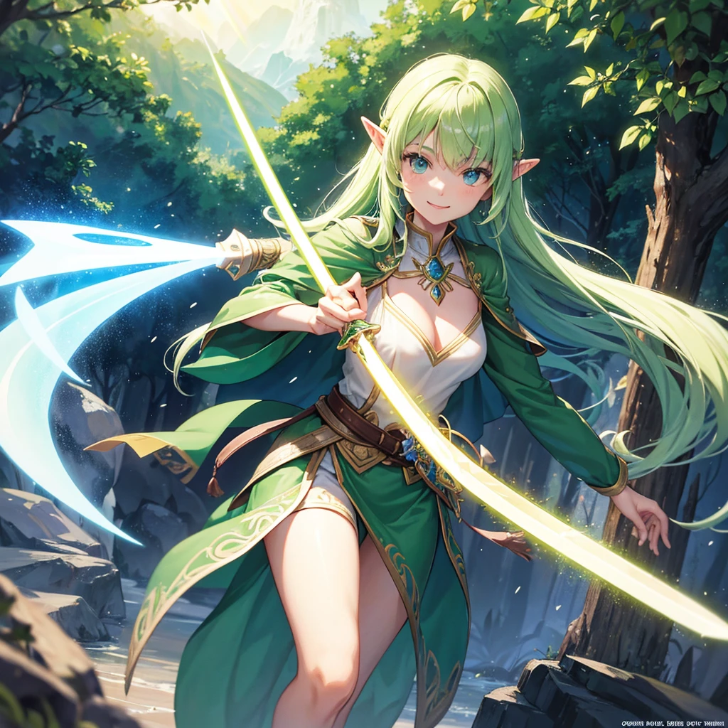 Elven Swordsman(Green semi-long),Holding a magic sword(,Lightsabre)tropical(Tavern Rainbow light swirling magic circle)、smile