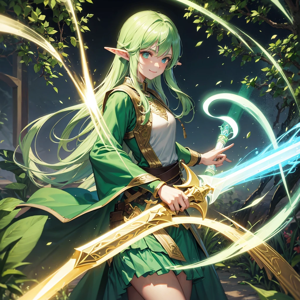 Elven Swordsman(Green semi-long),Holding a magic sword(,Lightsabre)tropical(Tavern Rainbow light swirling magic circle)、smile