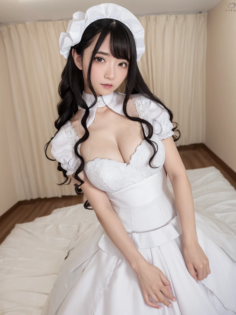 (Highest quality:1.9)、(High resolution)、Live-action image quality、((20-year-old woman、1 person))、Soft lighting by a professional photographer、Natural light、((Very spacious white luxurious room:1.6))、((Bright white room:1.6))、(Standing in front of a very luxurious white bed:1.2)、(White bookshelf background:1.1)、Natural soft light、((Black Hair Color:1.1))、Fair skin、Detailed Eyes、double eyelid、Slightly puffy cheeks、((Small Face:1.0))、(black maid_cosplay, breasts, puffy short sleeves, puffy sleeves, short sleeves, maid headdress, chain, frills, white gloves, cowboy shot, large breasts, pointy hair, gloves,gothic, gothic maid)、(Cute Smile)、((Girly pose 1.8))、((Long curly hair:1.1))、((Full Body Shot:1.2))、((Height: 165cm))、Hands in front、Hold hands between legs、