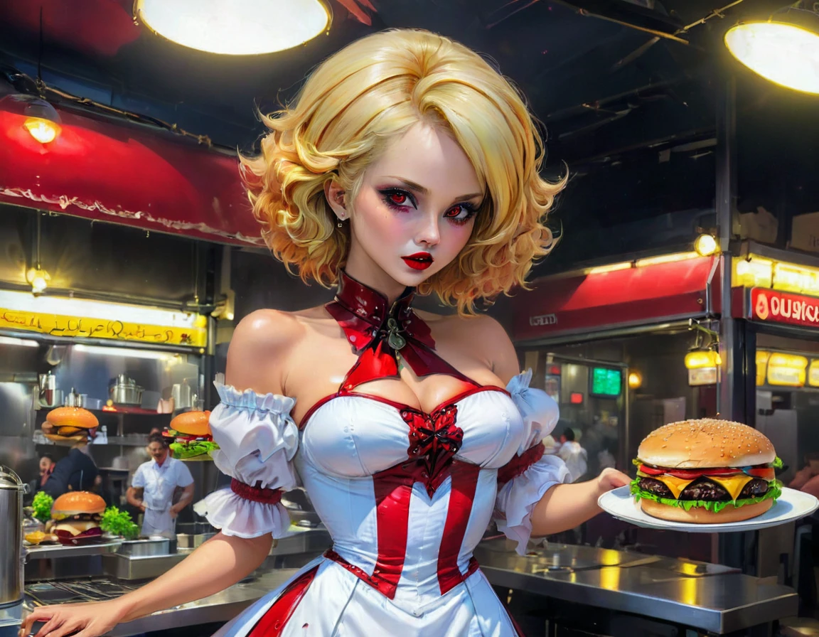 a 3D digital painting picture of extremely (beautiful female vanpire:1.3) ((serving a big juicy raw hamburger: 1.3)) on a tray, dripping blood in a goth American diner, an exquisite beautiful female (vampire:1.3), (full body: 1.3) ultra feminine ultra detailed face, blond hair, short hair, red lips, red eyes, glowing eyes, wearing  glamour white seductive latex dress, serving a goth diner American kitchen background, full body dynamic angle, , award winning, best quality, high quality, high details, highres, vibrant, Ultra-high resolution, High Contrast, (masterpiece:1.5), highest quality, Best aesthetics, best details, best quality, highres, ultra wide angle, 16k, [ultra detailed], masterpiece, best quality, photorealistic, 3D rendering, Cinematic Hollywood Film, chumbasket art style