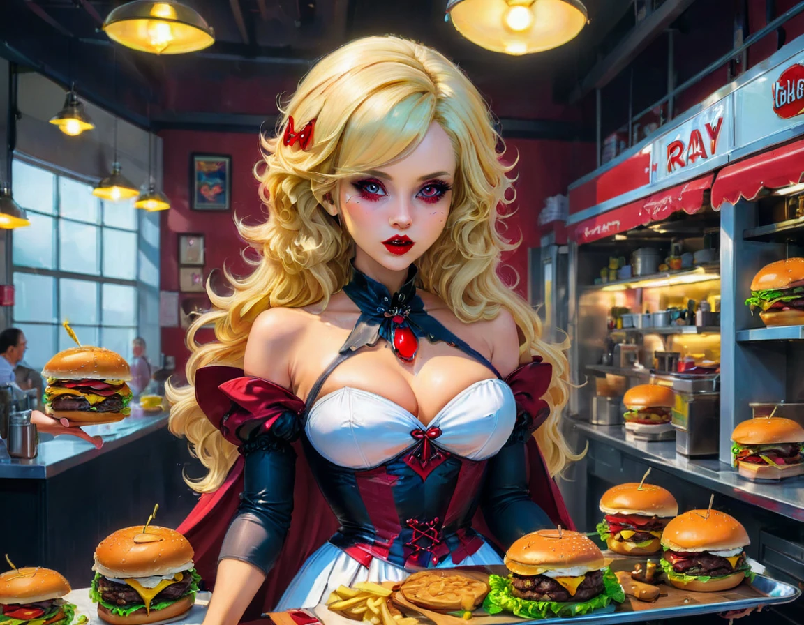 a 3D digital painting picture of extremely (beautiful female vanpire:1.3) ((serving a big juicy raw hamburger: 1.3)) on a tray, dripping blood in a goth American diner, an exquisite beautiful female (vampire:1.3), (full body: 1.3) ultra feminine ultra detailed face, blond hair, short hair, red lips, red eyes, glowing eyes, wearing  glamour white seductive latex dress, serving a goth diner American kitchen background, full body dynamic angle, , award winning, best quality, high quality, high details, highres, vibrant, Ultra-high resolution, High Contrast, (masterpiece:1.5), highest quality, Best aesthetics, best details, best quality, highres, ultra wide angle, 16k, [ultra detailed], masterpiece, best quality, photorealistic, 3D rendering, Cinematic Hollywood Film, chumbasket art style