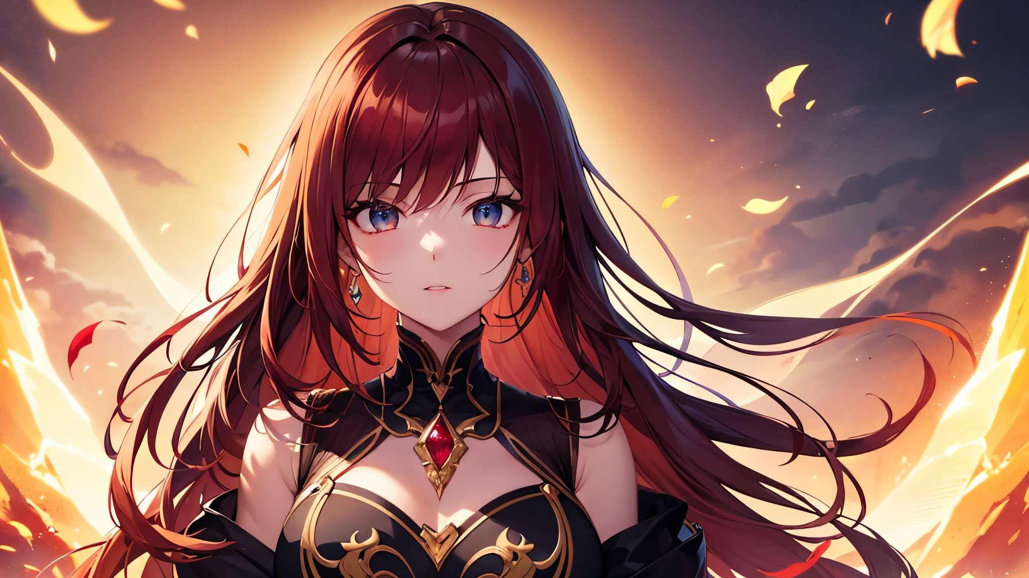 Highest quality, 8K, 4K, High resolution, High Contrast, The upper body is visible,1girl,only,Beautiful and colorful hair,(Beautifully detailed face), Clear Eyes, beautiful eyes, Slanted Eyes,20generation, Beautiful breasts, Imagine a garnet, god々New Fire Magic, Based on red, gem