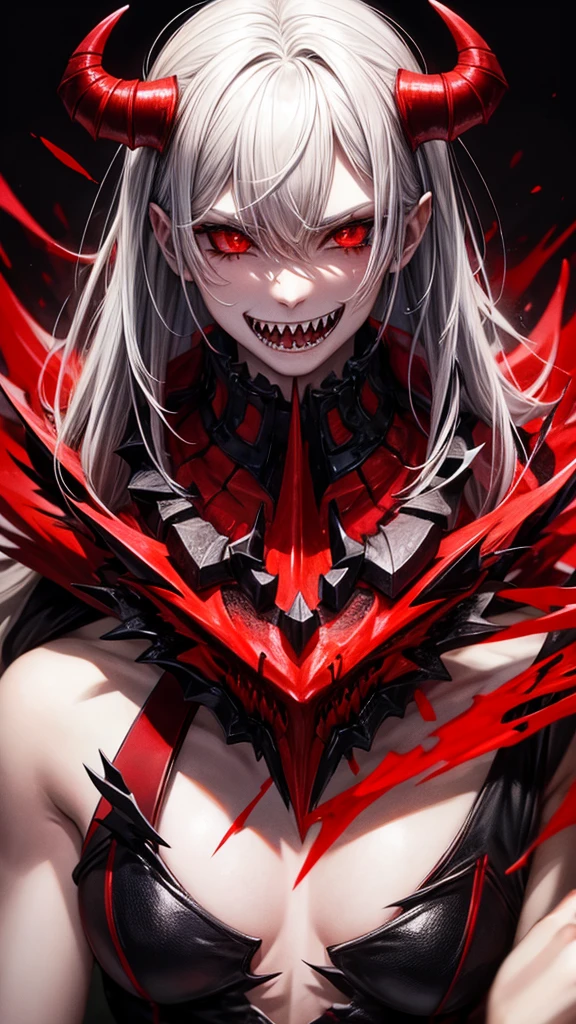 Demon, red, sharp teeth, male, black-red horns.