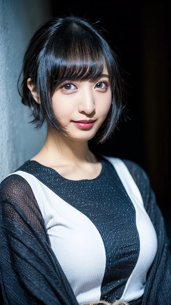 20-year-old, 8K, RAW Portrait (Japanese Girls), photo Realistic, Ultra-high resolution, Highest quality, Actual photo , dramatic, Atmospheric, Realistic,
One girl, a very beautiful Japanese Girls, Glamorous shot of a girl, smile,Bobcut,Textured skin, , lips,Big and beautiful eyes,cowboy shot, Beautifully detailed nose,,Big Breasts,View your viewers, 