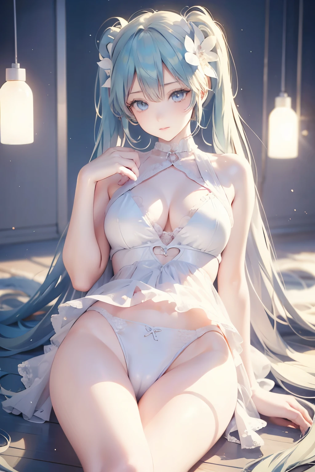 see through,Beautiful and fair、Radiant Skin, 3 Up, Gorgeous, bright, Refreshing and gentle expression, Perfect beautiful face、Beautiful shiny bangs, A very beautiful 17 year old girl, Eyeliner, Very perfect eyes,Very large breasts,Grooves reveal original skin,Muscular body,White lace underwear,Hatsune Miku,Kindergarten teacher