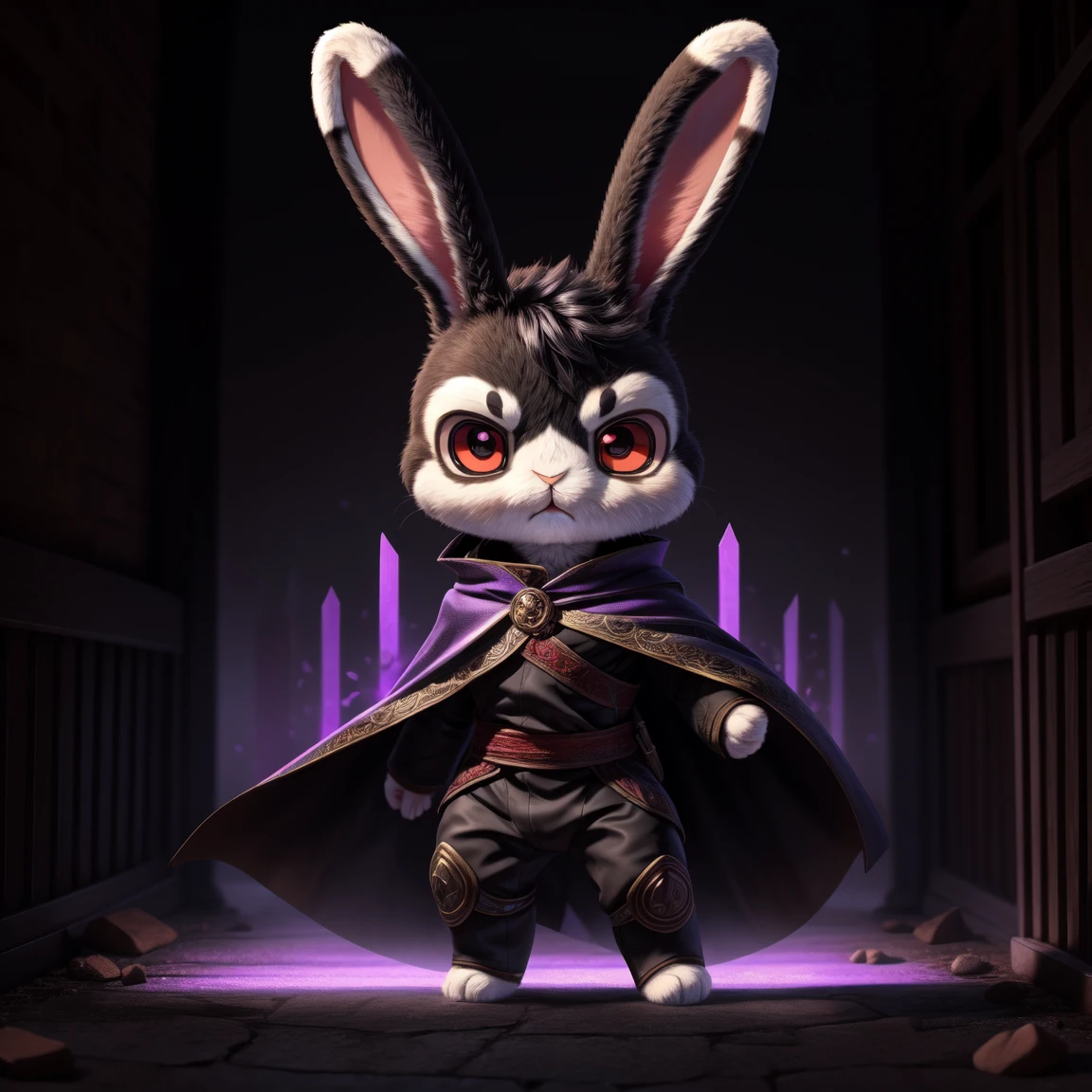 [Character Discovery] [SFW] The artist generate portrait fullbody, solo, (Black feral rabbit:1.7, chibi:1.8), best quality, ultra high res,1furry boy, detailed eyes, volumetric lighting, amazing, finely detail, black cloak with shadow effect on cloak, red eyes, black sclera, bright pupils glow horror, full body, night, indoor, holding a katana shadow purple effects, horror murderous walk with combat sword stance at viewer, slash effects, standing, aged down.