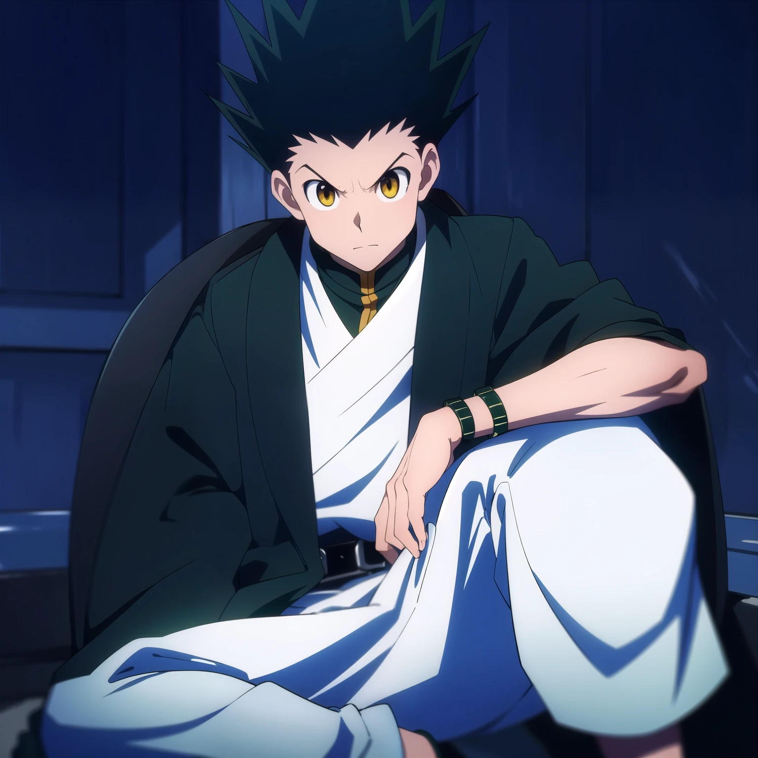 masterpiece, best quality, high quality, 1boy, solo, male focus, looking at viewer, upper body, gon_freecss, green hair, spiked hair, yellow eyes,