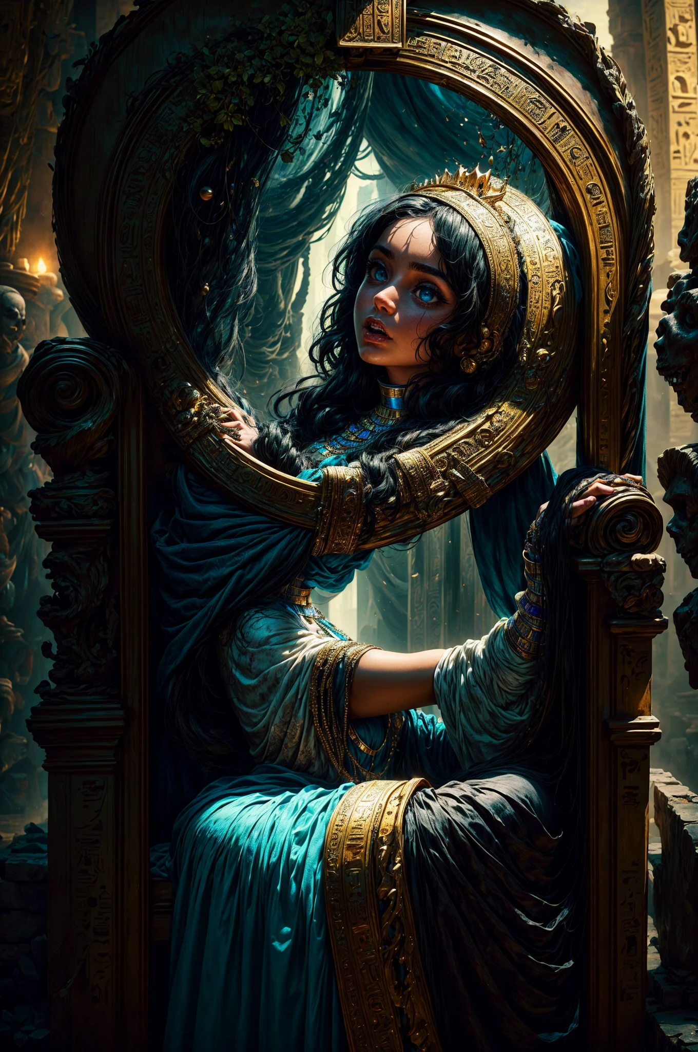 A captivating side view of a cute 16 yo female black teen in (Brown skin, green eyes, wavy short black hair, dressed as mummy. Surprised, ((She wakes up from a sarcophagus as a throne)l inside a Egyptian museum. A couple of undead priest are praising her. in epic fantasy style, not big head), obra de arte oficial, escote expuesto, pechos grandes, Calidad superior, muchos detalles, Enfoque Puri Nítido y realista