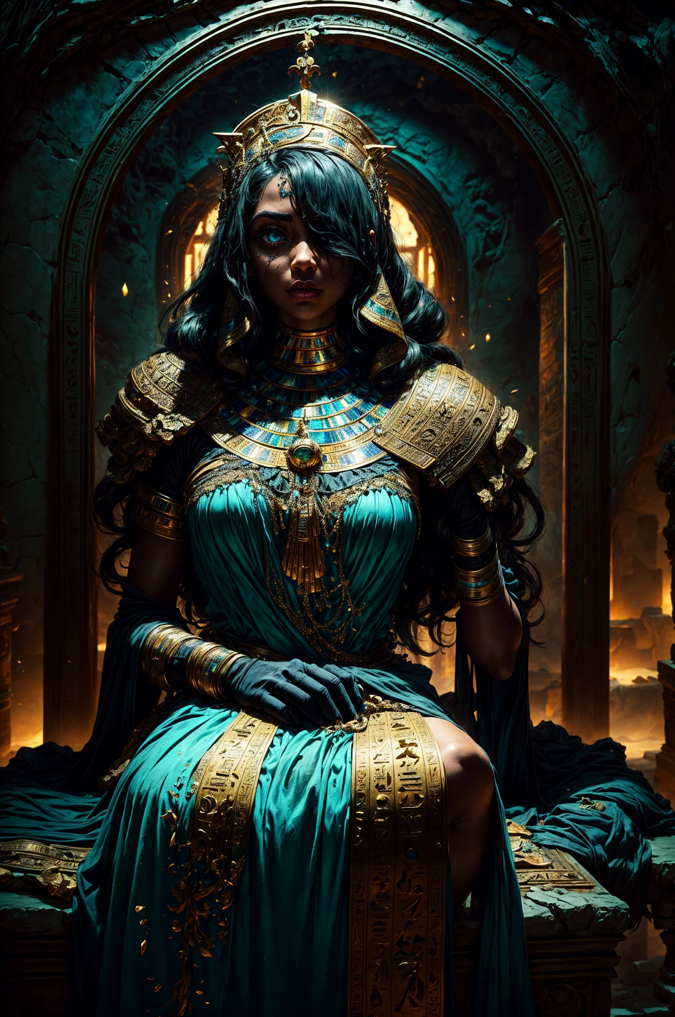 A captivating side view of a cute 16 yo female black teen in (Brown skin, green eyes, wavy short black hair, dressed as mummy. Surprised, ((She wakes up from a sarcophagus as a throne)l inside a Egyptian museum. A couple of undead priest are praising her. in epic fantasy style, not big head), obra de arte oficial, escote expuesto, pechos grandes, Calidad superior, muchos detalles, Enfoque Puri Nítido y realista