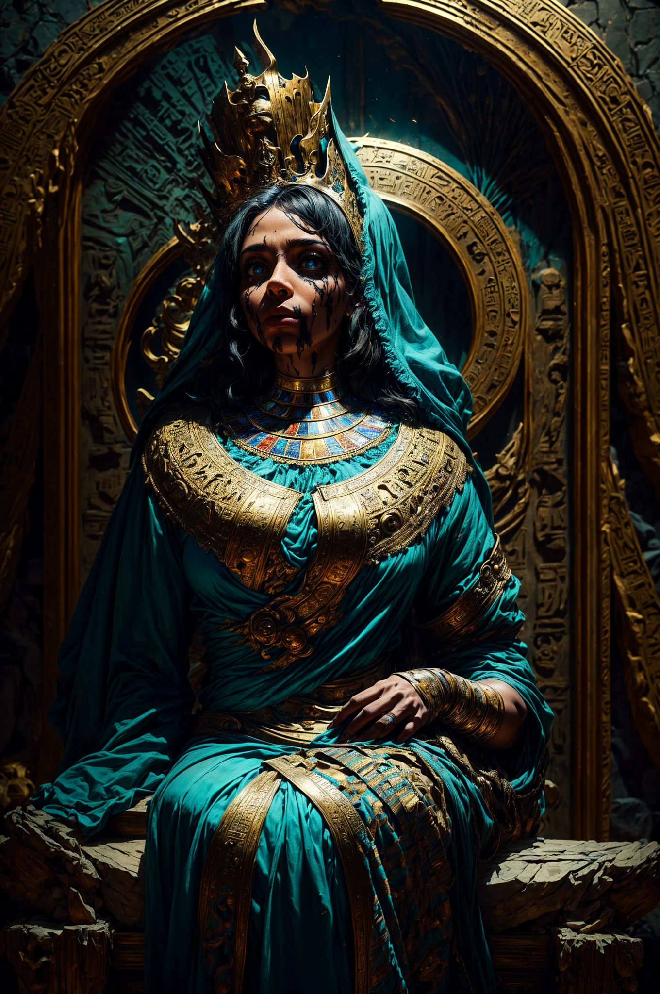 A captivating side view of a cute female black teen Brown skin, green eyes, wavy short black hair, dressed as mummy. Surprised, ((She wakes up from a sarcophagus as a throne)l inside a Egyptian museum. A couple of undead priest are praising her. in epic fantasy style, not big head), obra de arte oficial, escote expuesto, pechos grandes, Calidad superior, muchos detalles, Enfoque Puri Nítido y realista
