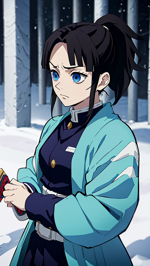 Kimetsu no Yaiba style, 1 mature, girl, blue eyes, a hashira, pretty, long dark brown hair in ponytail, curtain bangs, annoyed expression, noble, Pillar Demon Slayer, holding a sword, wearing demon slayer uniform, holding a blue demon slayer sword, dark and snowy background