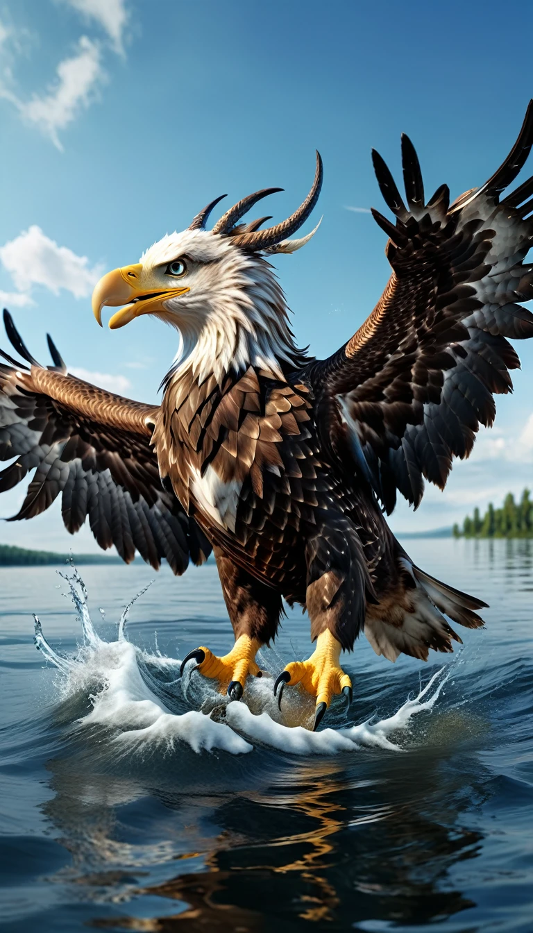 Panorama，There is a beast on the water，Looks like an eagle，The head has double horns（best quality，4K，8K，High level，masterpiece：1.2），Ultra Detailed，（lifelike，Photo real，Photo real：1.37），Highly detailed animals，Complex patterns，Realistic lighting，Fantasy Creatures
