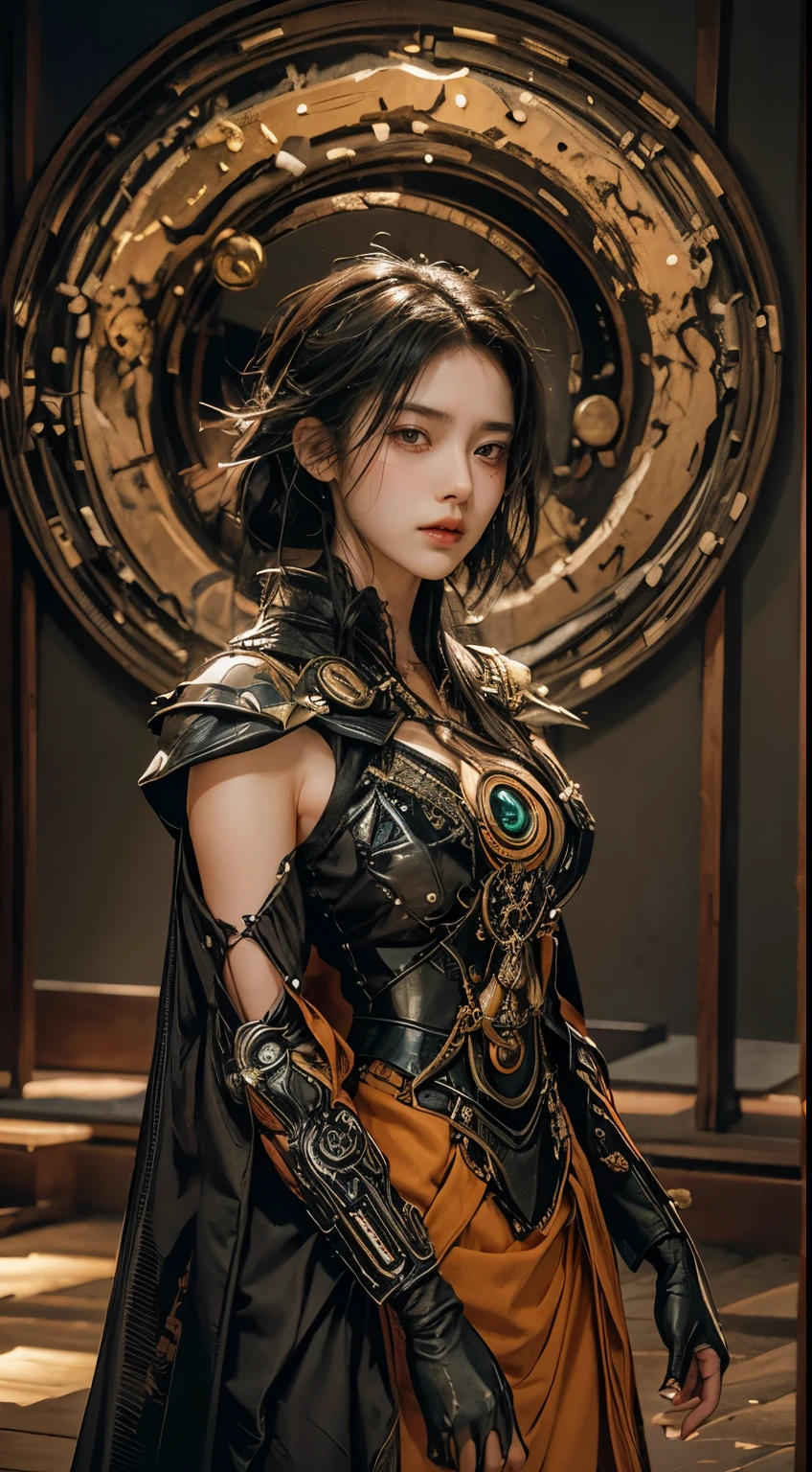 Realistic, Extreme close up, Create an image of an intense anime character girl long hair, natural big breast, a little cleavage, with spiky, green-black hair. Holding samurai, The character appears to be in a dramatic moment, with tears streaming down her face and a determined expression. She is wearing a traditional Japanese-style outfit with a distinctive orange and black pattern. The background is dark and dynamic, with sparks, yellow lighting, thunder and energy surrounding the character, enhancing the intense atmosphere.