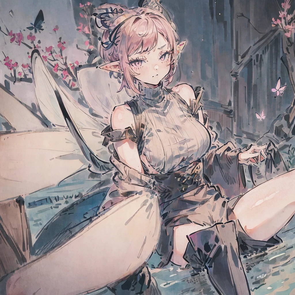 (((1girl))), ((high definition)), (from the waist up), tiny pixie, short hair, dim pink hair color, big eyes, grey irises, ((very pointy ears)), (butterfly wings), (insect antennae), black turtleneck with shoulder cut-outs, grey shorts, knee-high brown boots, (neutral expression)