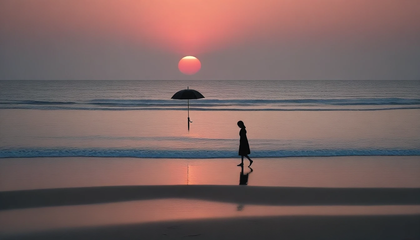 8K, Vivid picture quality, desolate long beach, Two people on the beach from afar, short hair woman, red light of sunset, alone, afternoon, depressed, tide가 밀려온다, ocean, tide, black umbrella , wind, short korean woman, 잔잔한 tide, black umbrella, Perfect photos with vivid image quality