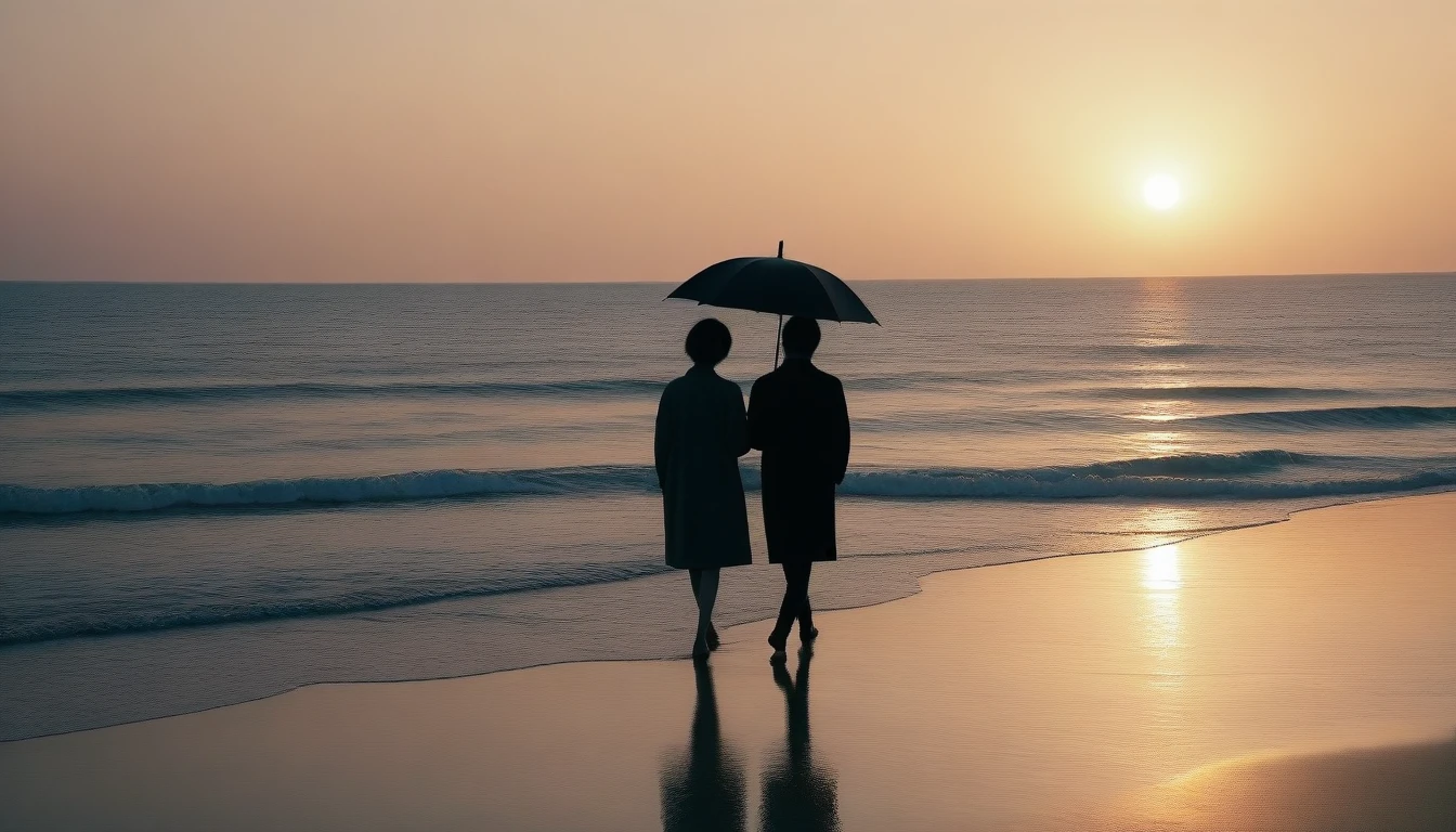 8K, Vivid picture quality, desolate long beach, Two people on the beach from afar, short hair woman, red light of sunset, alone, afternoon, depressed, tide가 밀려온다, ocean, tide, black umbrella , wind, short korean woman, 잔잔한 tide, black umbrella, Perfect photos with vivid image quality