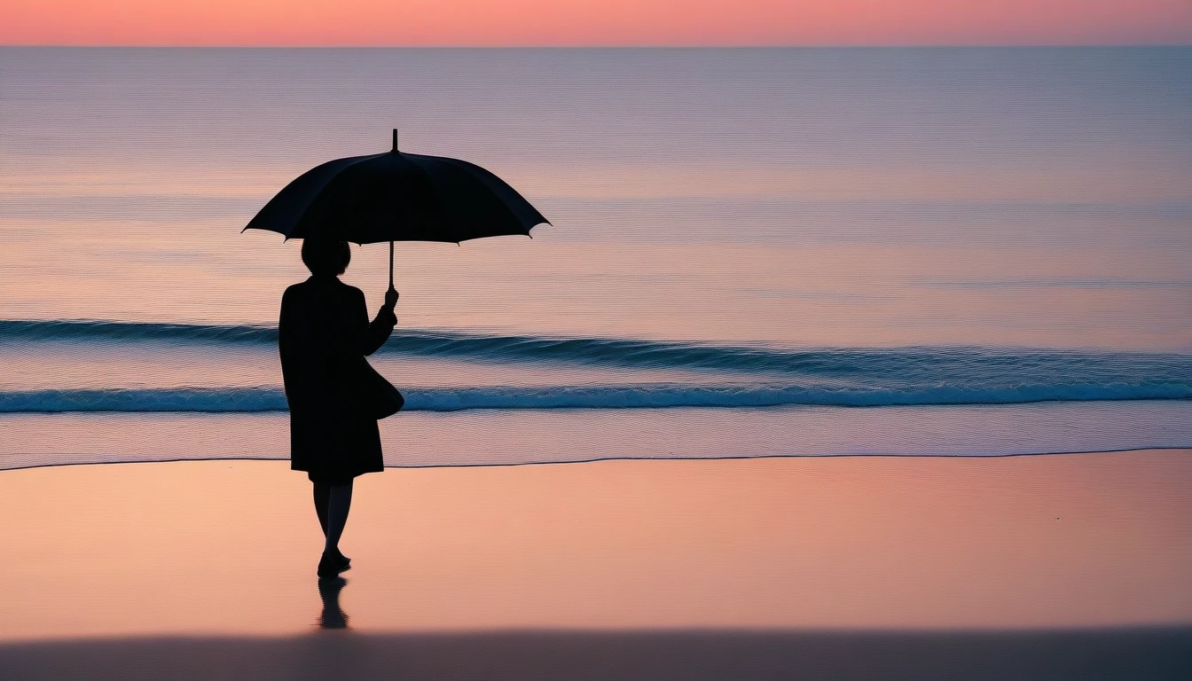 8K, Vivid picture quality, desolate long beach, Two people on the beach from afar, short hair woman, red light of sunset, alone, afternoon, depressed, tide가 밀려온다, ocean, tide, black umbrella , wind, short korean woman, 잔잔한 tide, black umbrella, Perfect photos with vivid image quality