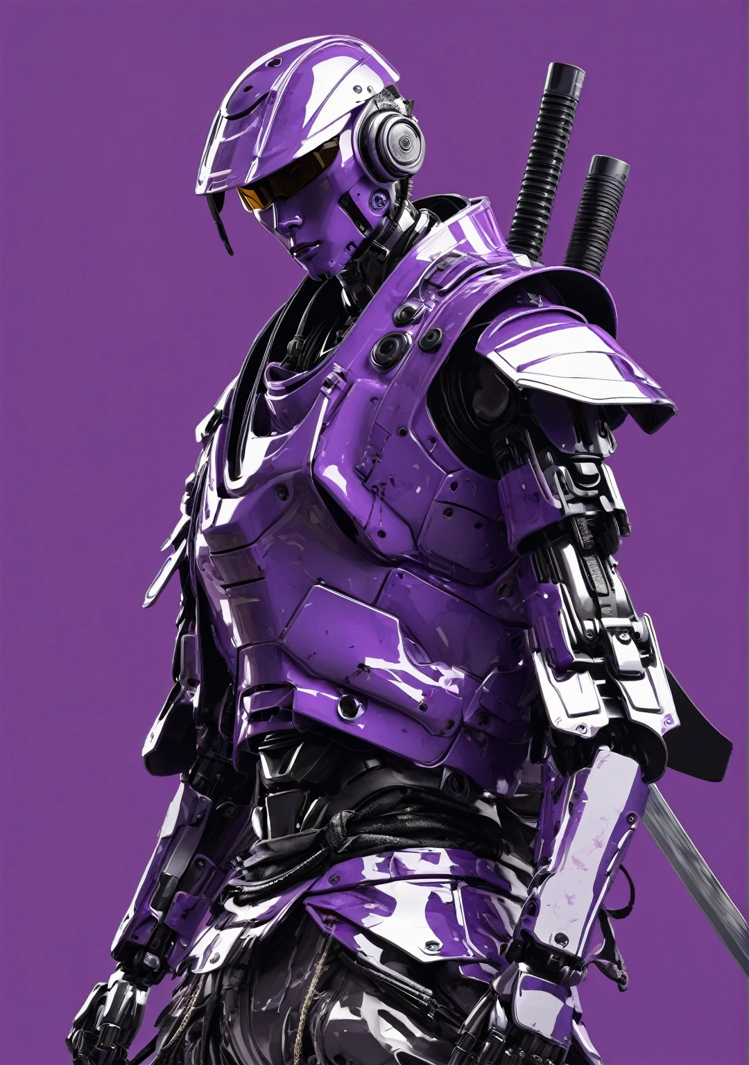 Photorealistic, style of Yoji Shinkawa, lower view, portrait of a Robot humanoid warrior with the swagger of a rapper, clad in urban streetwear and a samurai sword strapped to his back, dynamic view. purple background 