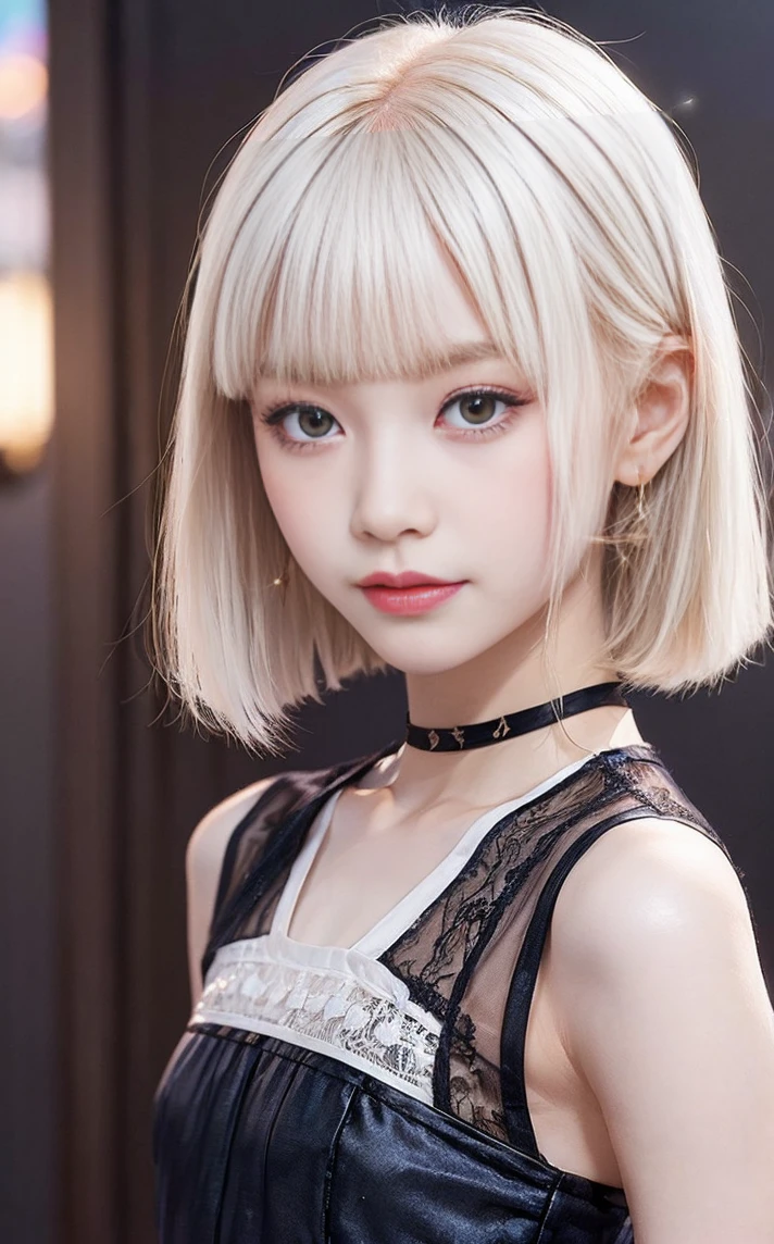 ((masterpiece:1.2、Highest quality、Tmasterpiece))、1 female、alone、classroom、Day、(Korean Idol:1.2)、(Are standing:1.4)、blonde、(Hime Hair:1.4)、Wavy Hair,Beautiful legs、((Halter neck dress:1.4))、(Beautiful white skin:1.4)、(Small breasts:1.5)、Hoop Earrings、lipstick、Ring Choker、blush、smile、Covered breasts、(Thick lips:1.2)、Detailed body、Very detailed絵画, Luminism、4K resolution、3D Rendering、Exquisitely crafted , Cinematic、Realistic、Hit definition、Abstract Beauty、Approaching perfection, Pure Form, Golden Ratio、Very detailed, Digital photography, Soft natural light, 50mm lens, F1.8 Vacancies、blush、Small face、(Tight waist:1.3),(albino:1.5),(anorexia:1.3),(Sickly:1.2),(Face close-up:1.4),(Short Bob:1.2),(Cabaret Club:1.2)、smile