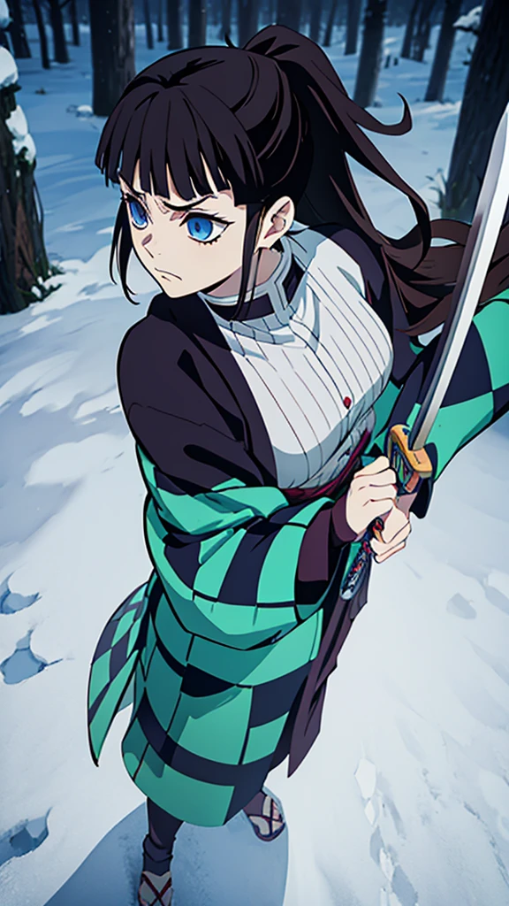 Kimetsu no Yaiba style, 1 mature, girl, blue eyes, a hashira, pretty, long dark brown hair in ponytail, curtain bangs, annoyed expression, noble, Pillar Demon Slayer, holding a sword, wearing demon slayer uniform, holding a blue demon slayer sword, dark and snowy background