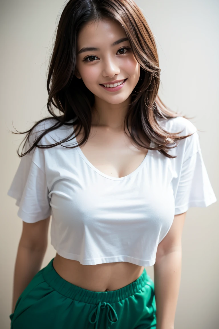 Photo of a young woman aged 25, Highest quality, practical, Sharp eyes, direct view, very happy, Brown Hair, Wearing a sexy green top and sweatpants at the gym Photos starting from the top, ,All-white oversized T-shirt 360g No pattern on logo All-white T-shirt 360g,Large Breasts,Wearing an elegant low-cut white oversized T-shirt 360g , Beautiful smiling girl,Long golden hair,All Green Background,Balenciaga Concept Fashion Photography, The Big Breath of Paris,phew,Photos starting from the top,Relef 3
