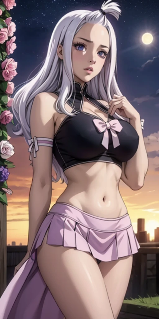 realistic, 1 girl, White hair, purple eyes, Brilliant eyes, crop top, skirt, parted lips, big breasts,blush, night, flowers, Sun, Sunlight,