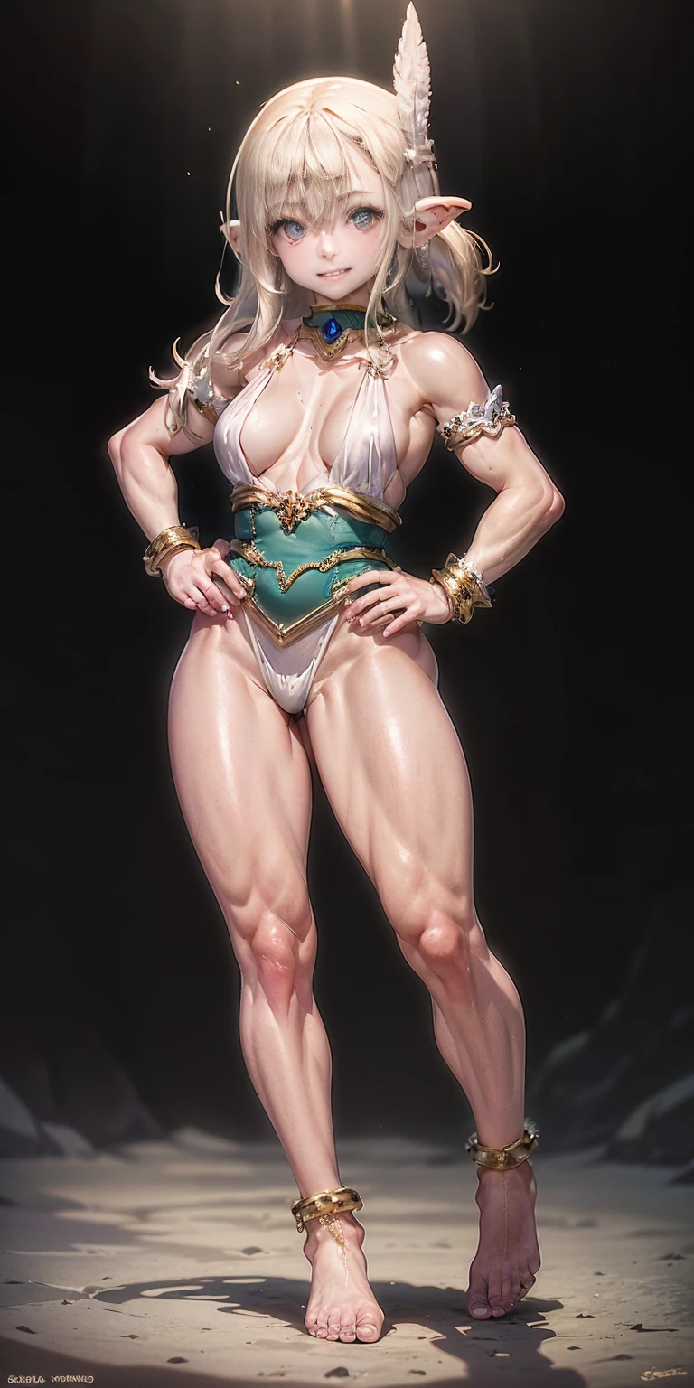 Scenary: Plain background Character: Solo Female elf smile mouth closed: Body, full body toe to head: Tall and slim with an hourglass figure Toned and muscular physique Slender abs Perfect anatomy (hands on hips, good hands, best hands) shackles wristbands bracers bracelets sleeves