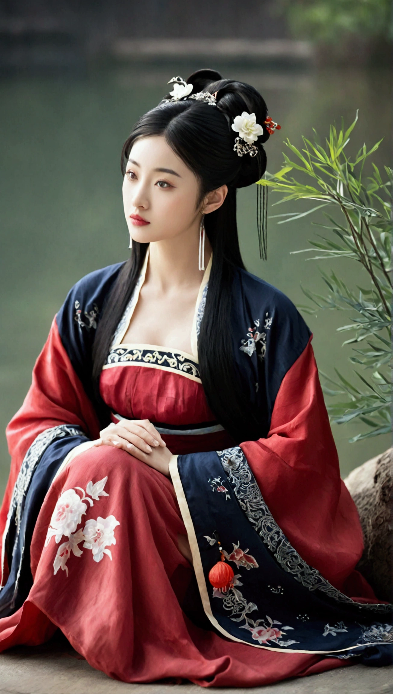 A Tang Dynasty girl,wearing a red Hanfu,Chinese traditional clothing,Big fat round face,Tang Dynasty hair style,Black hair,Q version,Pouting,Red lips,Short stature,Elegant posture,Squatting in a daze,Look to the right,Side view,More lovely,Chinese style,8K,high resolution,High Detail,