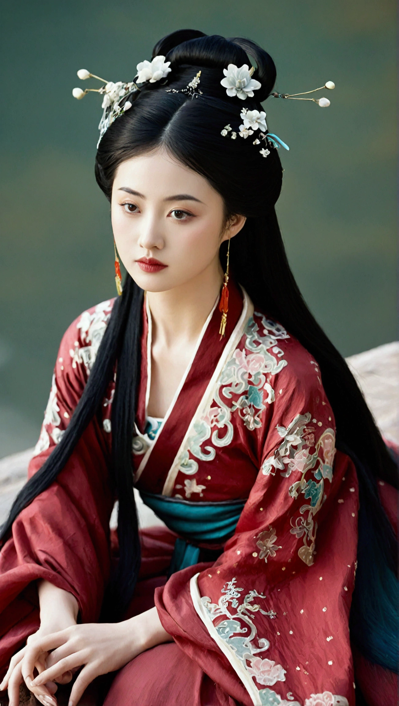 A Tang Dynasty girl，wearing a red Hanfu，Chinese traditional clothing，Big fat round face，Tang Dynasty hair style，Black hair，Q version，Pouting，Red lips，Short stature，Elegant posture，Squatting in a daze，Look to the right，Side view，More lovely，Chinese style，8K，high resolution，High Detail,