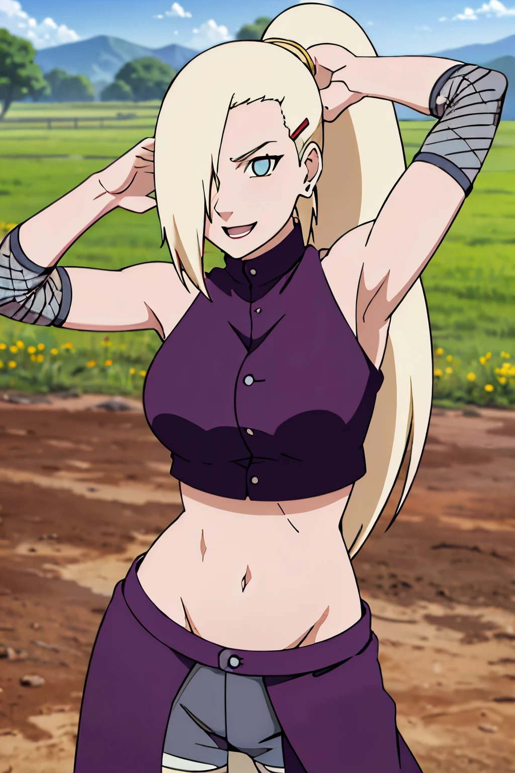 (saluting), Ino yamanaka, looking at the viewer, gorgeous, attractive, groin, cowboy shot, ultra detailed face, sunny day, day time, upper body view, anime style, solo, detailed flower field, blonde, (focus on face), ((one eye covered with hair, hair over eye, ponytail)), medium breasts, belly button, looking at the viewer, thick arms, (off-shoulders, wide shoulders, curving body), hidden eye, smile, open mouth, very happy, tall, hair clip, sharp look, sharp face, sharp eye, cold colors,
