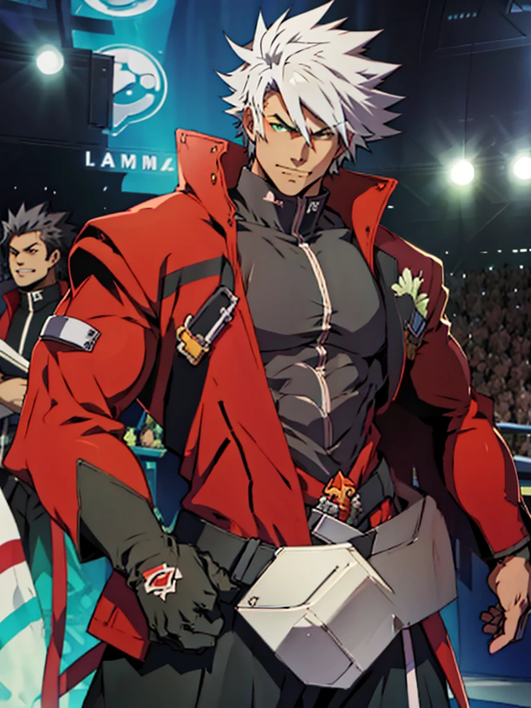 (masterpiece, best quality:1.2), 1boy, solo, bara, penis, muscular, erection, biceps, fullbody, large pectorals, big muscles, thick, ragna the bloodedge, red eyes, green eyes, heterochromia, white hair, short hair, spiked hair, 1boy, red jacket, open jacket, black shirt, belt, black gloves, black hakama, 4k, unzipped pants, penis out of pantsm awesome muscles, very buffed, 