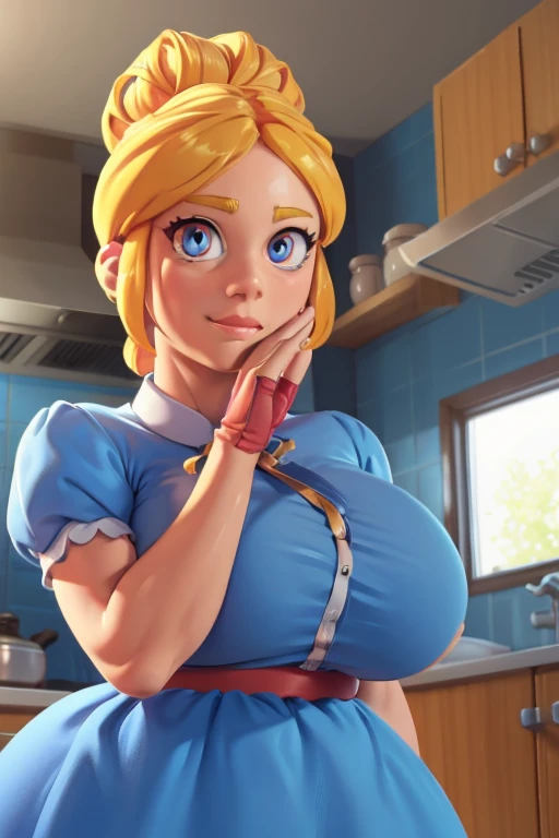 (naked)(nude)(nsfw)solo, a 1girl, Piper, ssmile, (colossal breasts), (hand on cheek:1.2), blonde woman, hair bun, blue dress, puffy short sleeves, partially fingerless gloves, kitchen, BREAK (Masterpiece:1.2), Best Quality, High Resolution, Unity 8k Wallpaper, (illustartion:0.8), (pretty eyes:1.6), extremely detailed face, perfect  lighting, extremely detailed CGI, (realistic fingers)