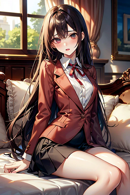 (Highest quality)), ((masterpiece)), (detailed), One woman，14歳のBeautiful woman，Very sexy，Small breasts，Very small breasts，Woman in uniform，Natural Light，
Beautiful woman，Beautiful Face，Beautiful teeth alignment，Beautiful body lines，Slender body，Beautiful Hands，Beautiful legs，Long hands，Long legs，Long and flexible hair，Shiny hair，Black Hair，Embarrassed expression，blush，Thin lips，Half-open mouth，Beautiful shoulders，Beautiful collarbone、Sitting Woman，On the bed，arms up，aroused，Leg spread，White shirt，Black Skirt，Red ribbon around neck，wearing a black blazer，